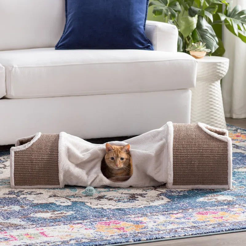 Cuddly Cat Tunnel & Condos, 2 Cat Caves Connected with Playful Peek-A-Boo Tunnel, Sisal Scratching Surface, Dangling Cat Toys
