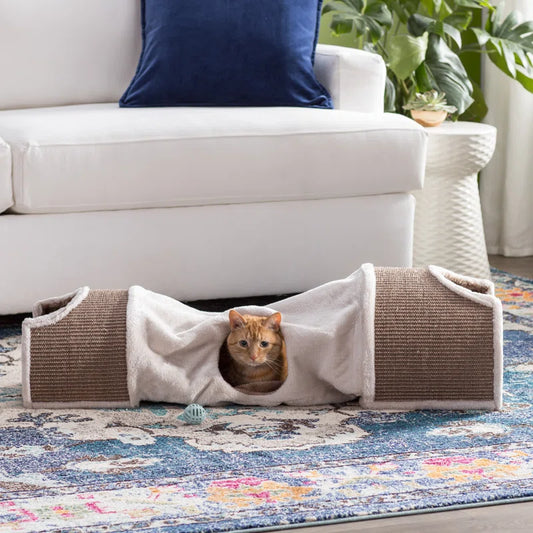 Cuddly Cat Tunnel & Condos, 2 Cat Caves Connected with Playful Peek-A-Boo Tunnel, Sisal Scratching Surface, Dangling Cat Toys