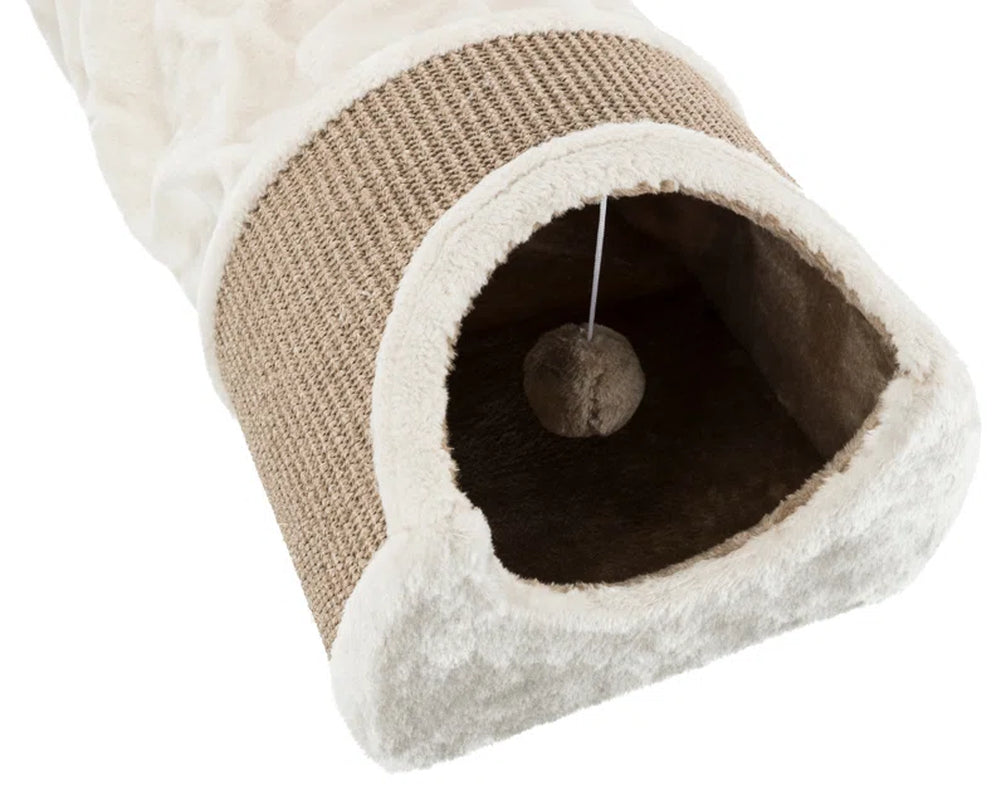 Cuddly Cat Tunnel & Condos, 2 Cat Caves Connected with Playful Peek-A-Boo Tunnel, Sisal Scratching Surface, Dangling Cat Toys
